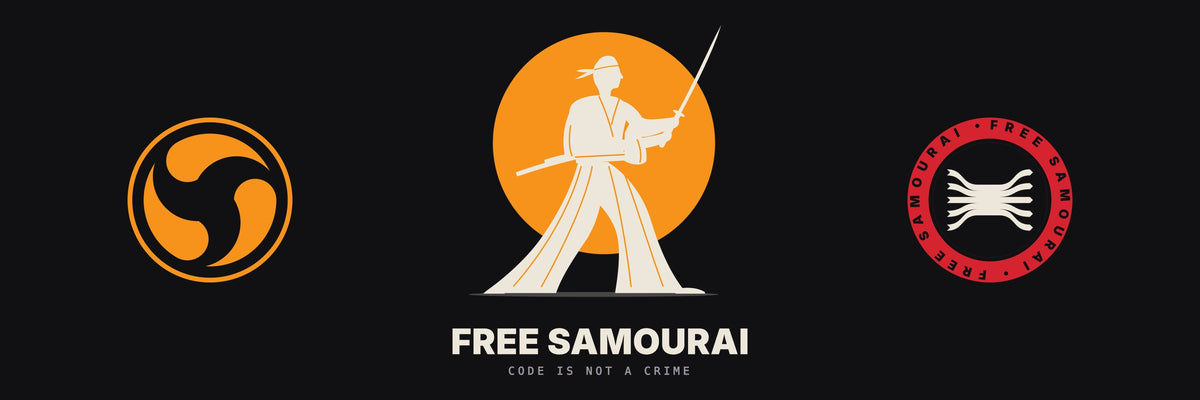 Free Samourai : blason mitsudomoe, samouraï en hakama devant un soleil orange, sceau coinjoin