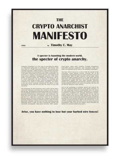 Affiche The Crypto Anarchist Manifesto, affiche encadrée de noir, vue à plat