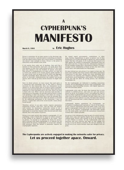Affiche A Cypherpunk's Manifesto, affiche encadrée de noir, vue à plat