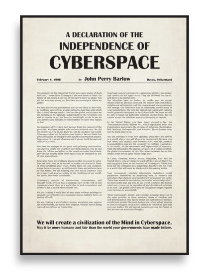 Affiche A Declaration of the Independence of Cyberspace, affiche encadrée de noir, vue à plat