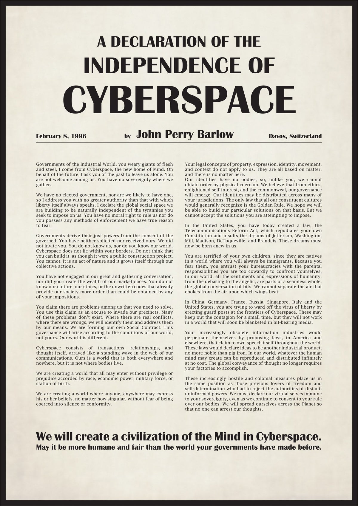 Affiche A Declaration of the Independence of Cyberspace, texte intégral