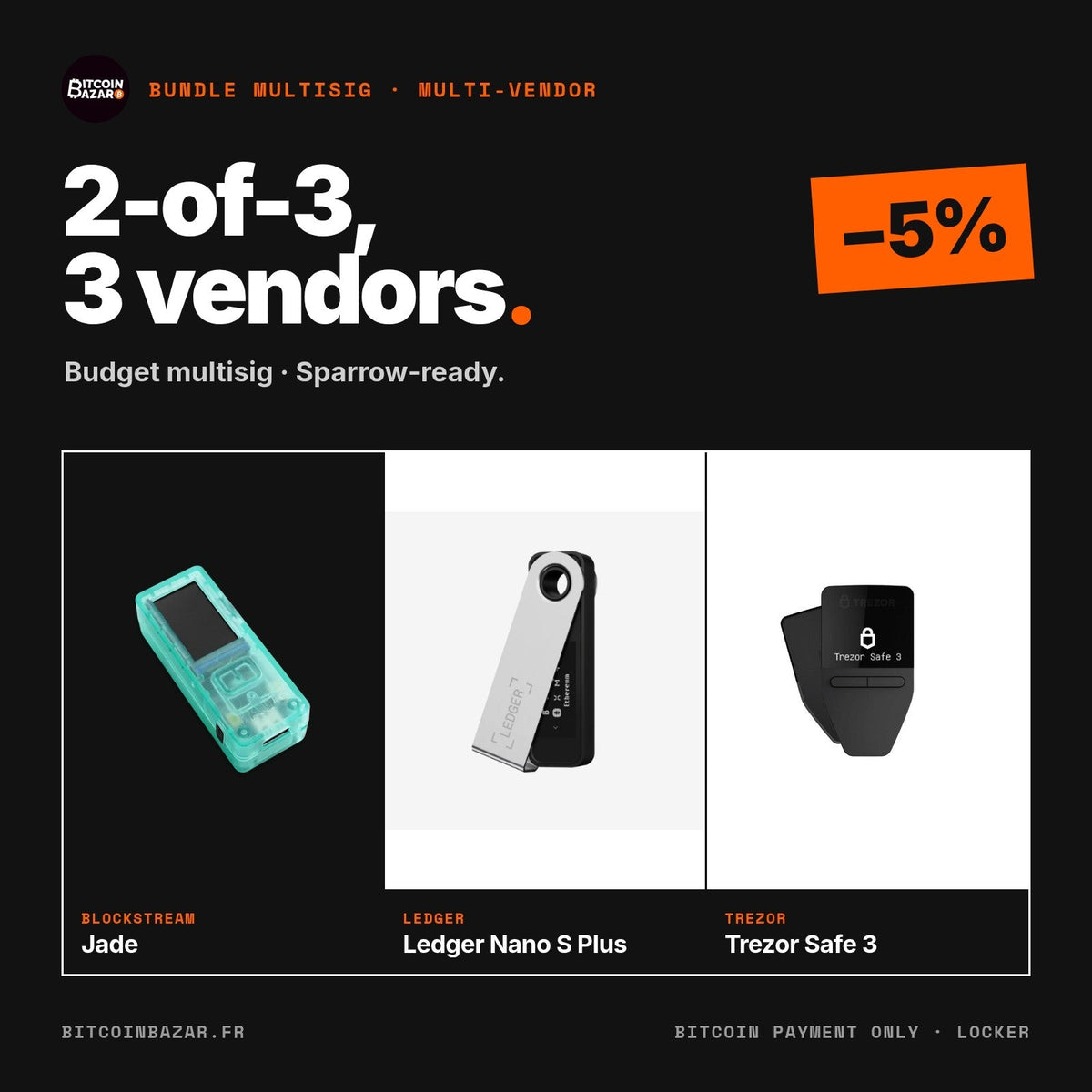 Multisig bundle: Jade, Ledger Nano S Plus, Trezor Safe 3
