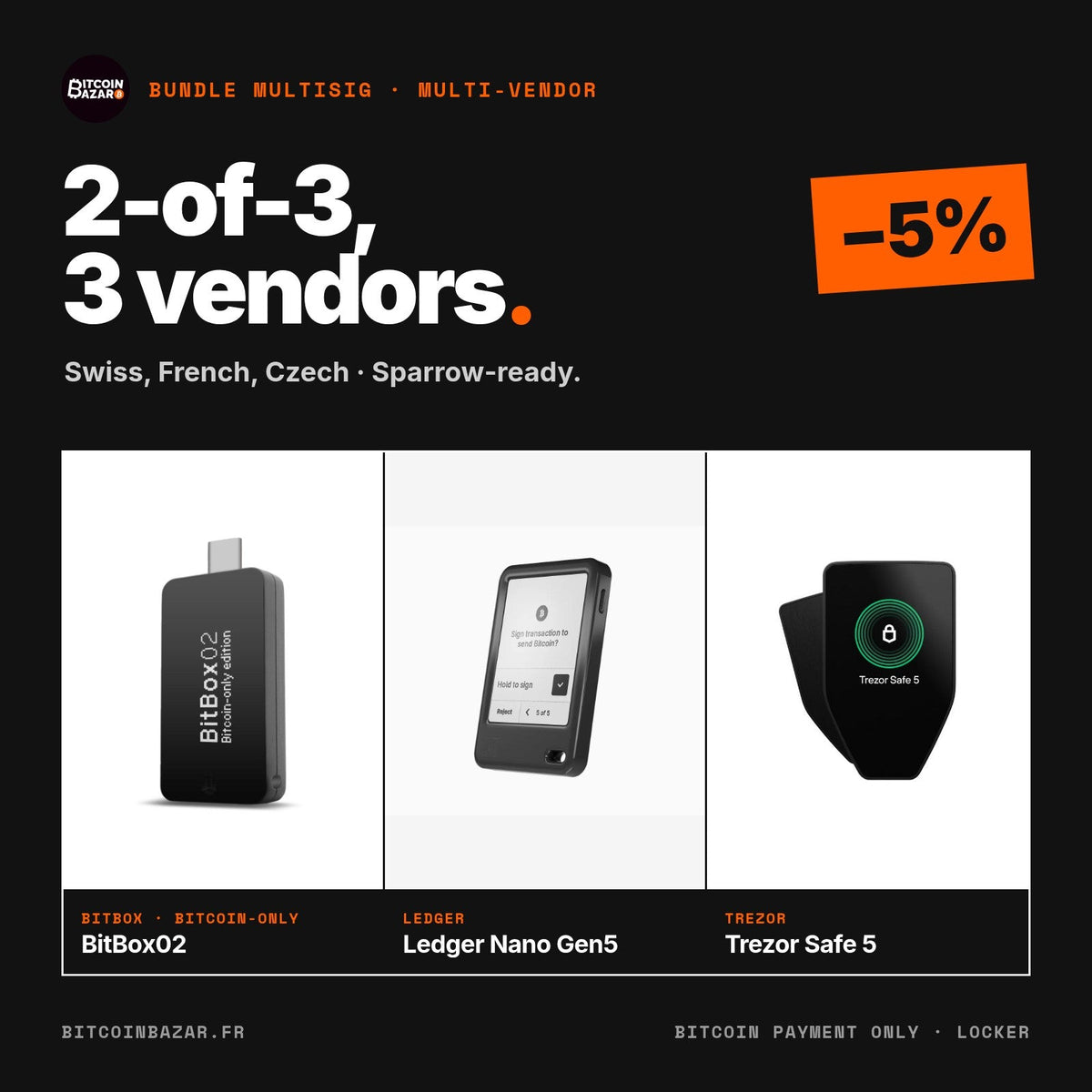Multisig bundle: BitBox02, Ledger Nano Gen5, Trezor Safe 5