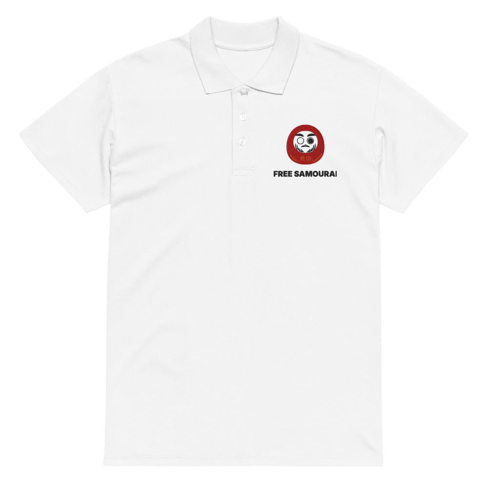 Polo brodé Free Samourai Daruma, blanc