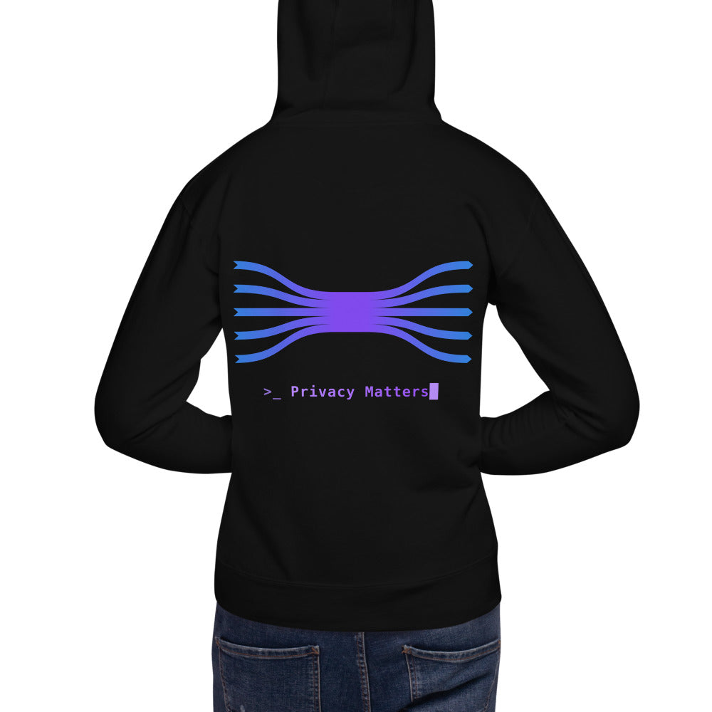 Sweat à capuche Privacy Matters noir, impression dos