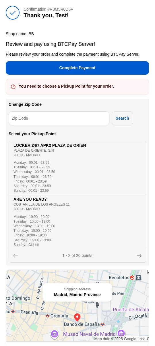 The confirmation page: Complete Payment button and pickup point selection
