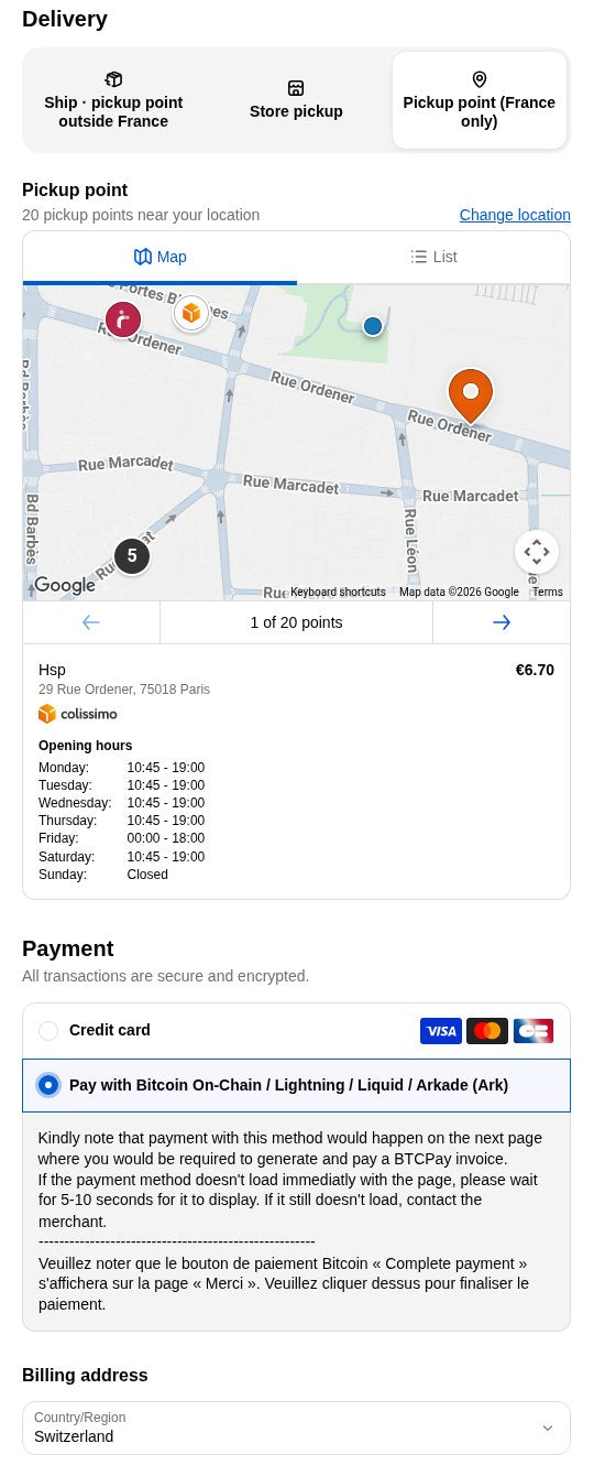 Map and list of pickup points with prices