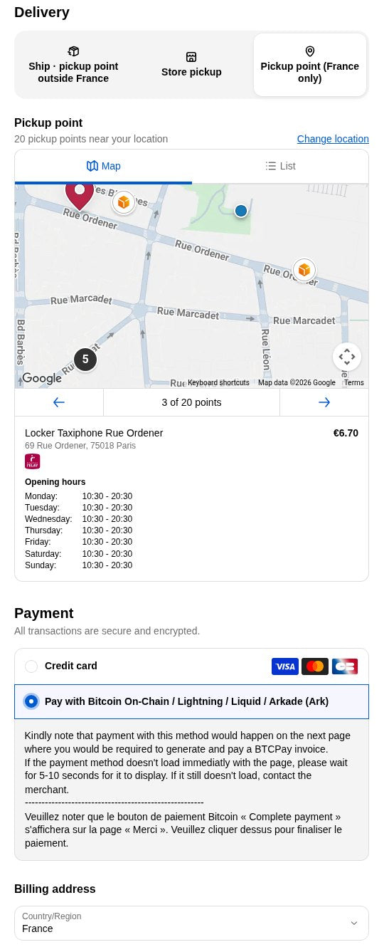 Map and list of pickup points with prices