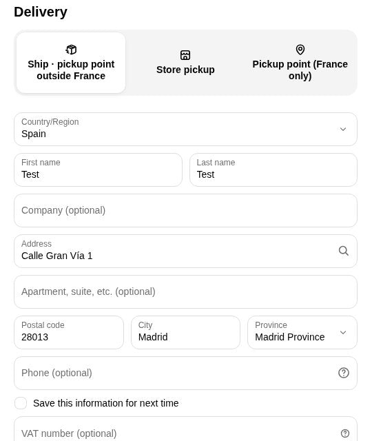 Ship tab, country Spain, address entered