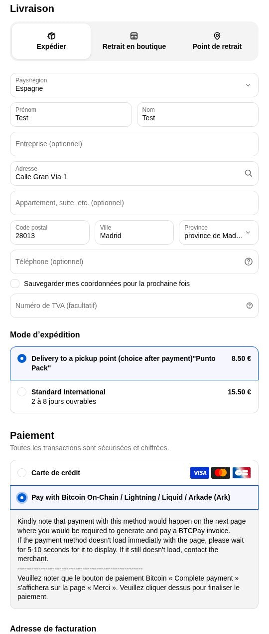 Exemple pour l’Espagne : le mode « Delivery to a pickup point » à 8,50 €