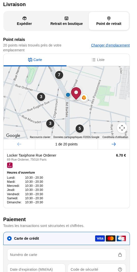 Carte et liste des points de retrait avec le prix
