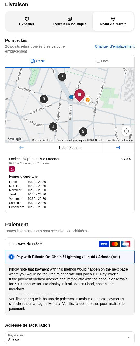 Carte et liste des points de retrait avec le prix